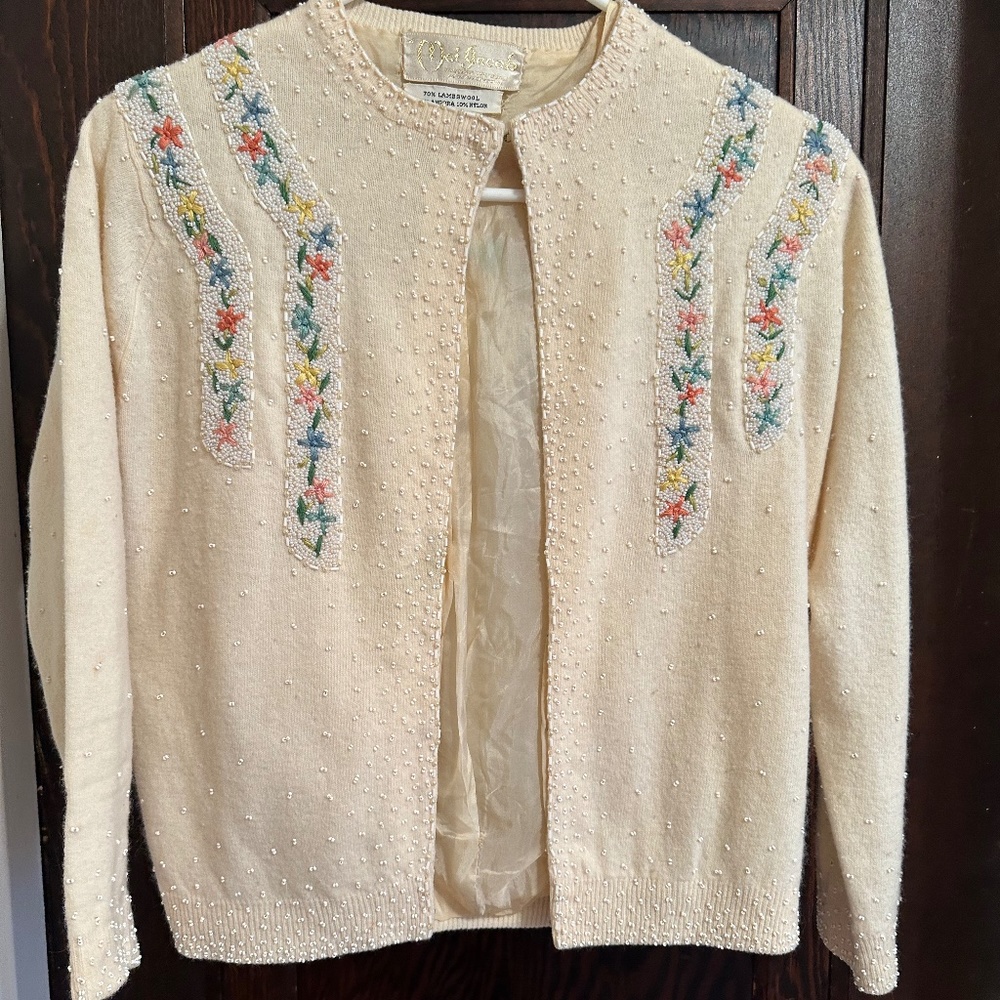 Two beautiful vintage cream colored beaded cardigans
